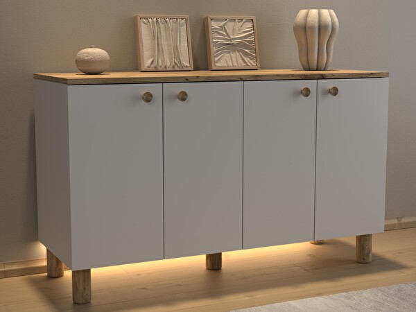 Wood'n Love Nora Bohem Ledli Çok Amaçlı 4 Kapaklı Konsol Mutfak Dolabı 120 CM Atlantik Çam - Beyaz