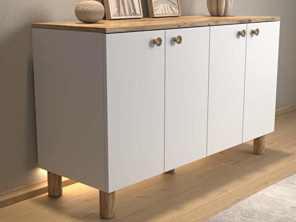 Wood'n Love Nora Bohem Ledli Çok Amaçlı 4 Kapaklı Konsol Mutfak Dolabı 120 CM Atlantik Çam - Beyaz