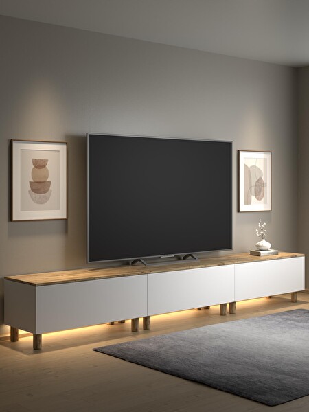 Wood'n Love Nora Bohem Ledli 3 Kapaklı Dolaplı 300 CM TV Ünitesi Atlantik Çam - Beyaz