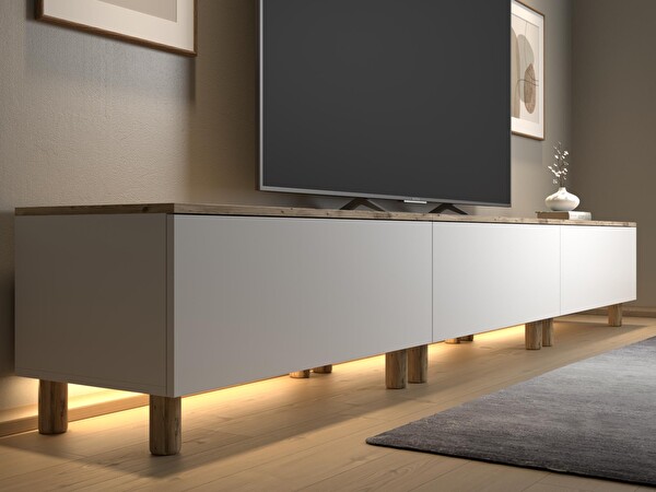 Wood'n Love Nora Bohem Ledli 3 Kapaklı Dolaplı 300 CM TV Ünitesi Atlantik Çam - Beyaz