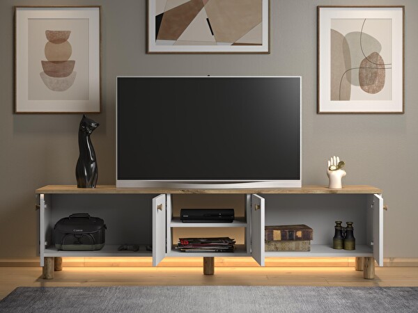 Wood'n Love Nora Bohem Ledli 4 Kapaklı 2 Raflı Dolaplı 180 CM TV Ünitesi Atlantik Çam - Beyaz