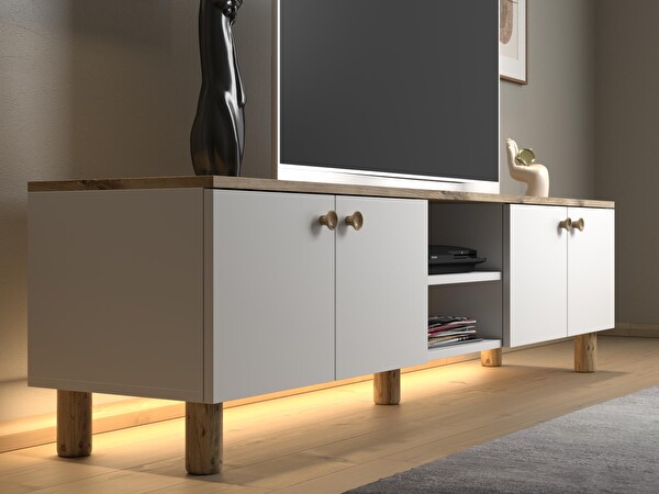 Wood'n Love Nora Bohem Ledli 4 Kapaklı 2 Raflı Dolaplı 180 CM TV Ünitesi Atlantik Çam - Beyaz