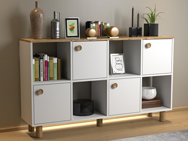 Wood'n Love Nora Bohem Ledli Çok Amaçlı Konsol Dolap 4 Kapak 4 Bölme Atlantik Çam-Beyaz 150x87x35 CM