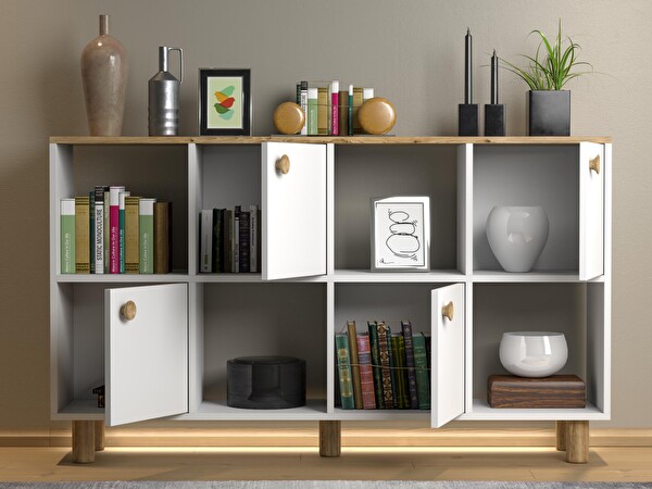 Wood'n Love Nora Bohem Ledli Çok Amaçlı Konsol Dolap 4 Kapak 4 Bölme Atlantik Çam-Beyaz 150x87x35 CM