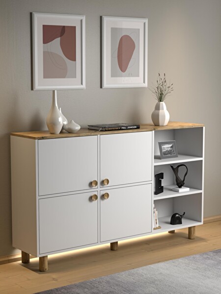 Wood'n Love Nora Bohem 4 Kapak 3 Raflı 160x87x35 CM Ledli Çok Amaçlı Dolap - Atlantik Çam-Beyaz