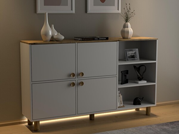 Wood'n Love Nora Bohem 4 Kapak 3 Raflı 160x87x35 CM Ledli Çok Amaçlı Dolap - Atlantik Çam-Beyaz