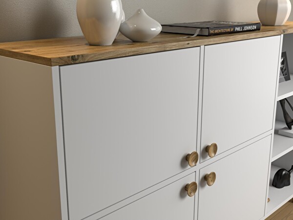 Wood'n Love Nora Bohem 4 Kapak 3 Raflı 160x87x35 CM Ledli Çok Amaçlı Dolap - Atlantik Çam-Beyaz