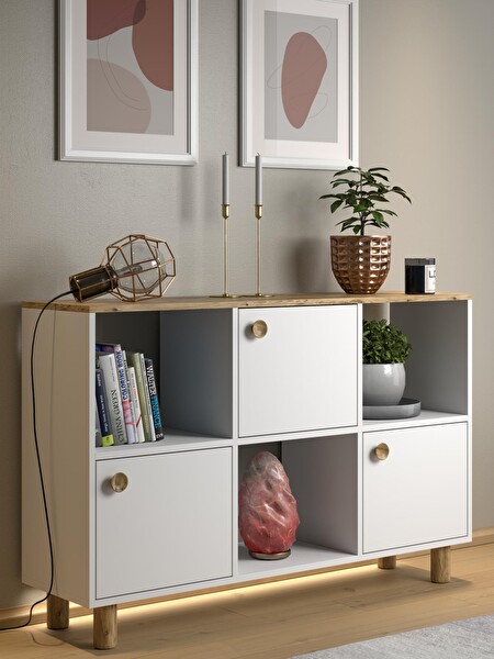 Wood'n Love Nora Bohem 120x87x35 CM 3 Kapak 3 Bölme Ledli Çok Amaçlı Konsol Dolap - Atlantik Çam-Beyaz