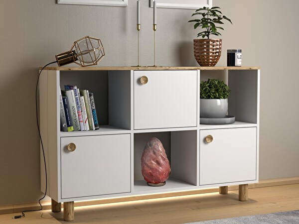 Wood'n Love Nora Bohem 120x87x35 CM 3 Kapak 3 Bölme Ledli Çok Amaçlı Konsol Dolap - Atlantik Çam-Beyaz