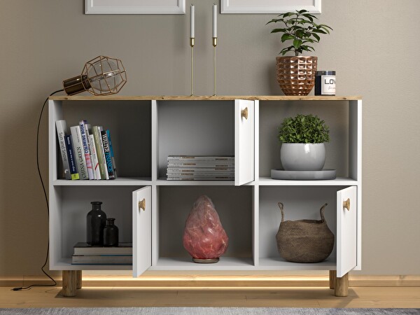 Wood'n Love Nora Bohem 120x87x35 CM 3 Kapak 3 Bölme Ledli Çok Amaçlı Konsol Dolap - Atlantik Çam-Beyaz