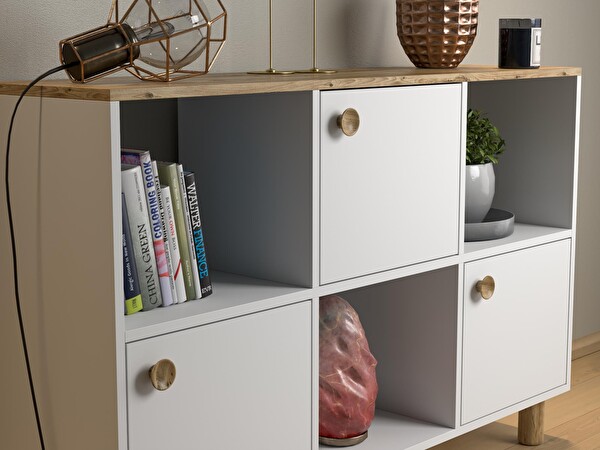 Wood'n Love Nora Bohem 120x87x35 CM 3 Kapak 3 Bölme Ledli Çok Amaçlı Konsol Dolap - Atlantik Çam-Beyaz