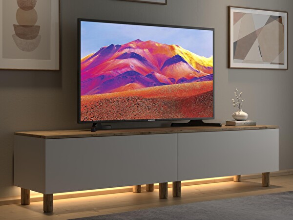 Wood'n Love Nora Bohem 200x42x35 CM 2 Kapaklı Dolaplı Ledli TV Ünitesi Atlantik Çam-Beyaz