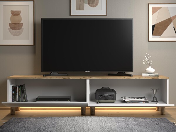 Wood'n Love Nora Bohem 200x42x35 CM 2 Kapaklı Dolaplı Ledli TV Ünitesi Atlantik Çam-Beyaz