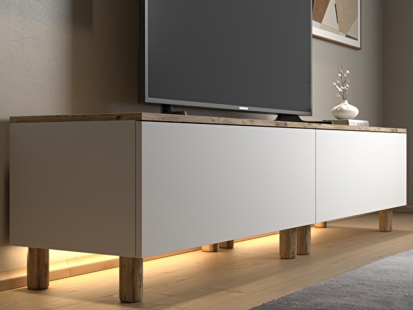 Wood'n Love Nora Bohem 200x42x35 CM 2 Kapaklı Dolaplı Ledli TV Ünitesi Atlantik Çam-Beyaz