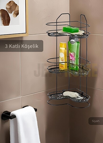 Jet's Home Banyo Rafı Mutfak Rafı Paslanmaz Baharatlık 3 Katlı Köşelik Şampuanlık Siyah