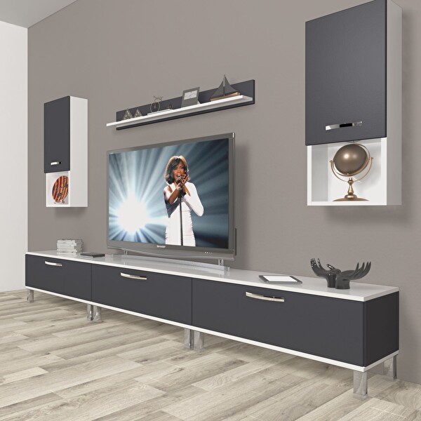 Decoraktiv Eko 270da MDF Krom Ayaklı TV Sehpa Ünitesi - Beyaz Antrasit