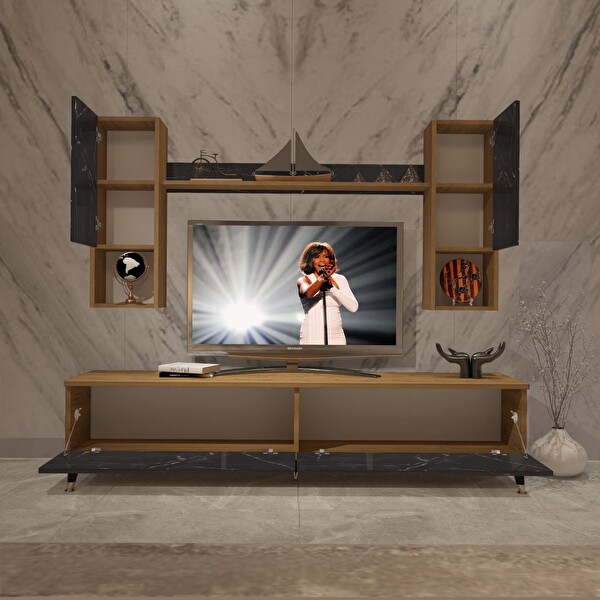 Decoraktiv Eko 5da MDF STD Gold TV Sehpa Ünitesi - Pera Siyah Mermer