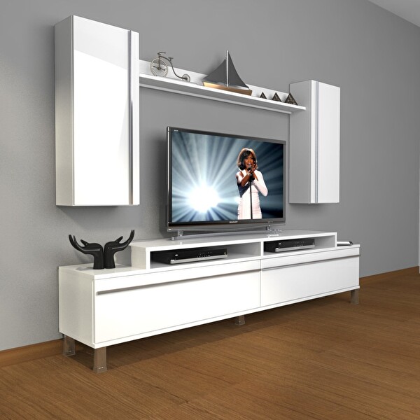 Decoraktiv Ekoflex 7 MDF Krom Ayaklı TV Sehpa Ünitesi - Parlak Beyaz