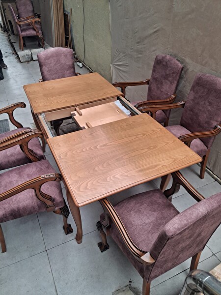 Masa Sandalye Berjer 90627 Bengi Klasik Model Kayın Aslan Ayak Açılır Masa 6 Adet Tk
