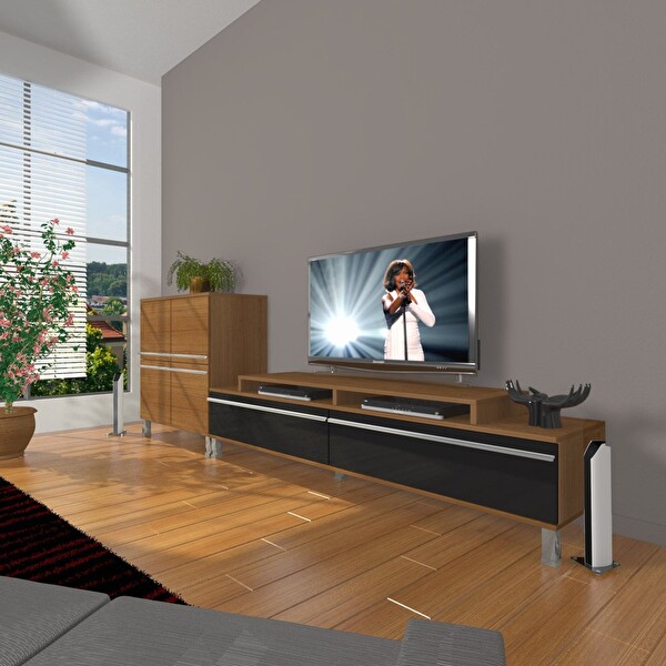 Decoraktiv Ekoflex On MDF Krom Ayaklı TV Sehpa Ünitesi - Ceviz Siyah