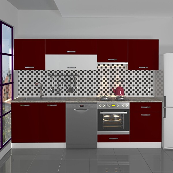 Decoraktiv Elite 280y Ankastre Fırın Modüllü MDF Hazır Mutfak Dolabı - Tezgah Dahil - Bordo