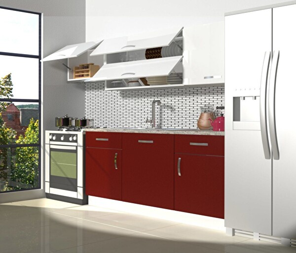 Decoraktiv Prestij 220 MDF Hazır Mutfak Dolabı - Tezgah Dahil - Bordo Beyaz