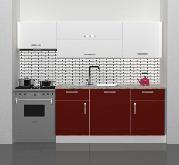 Decoraktiv Prestij 220 MDF Hazır Mutfak Dolabı - Tezgah Dahil - Bordo Beyaz