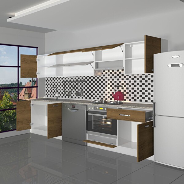 Decoraktiv Elite 280y Ankastre Fırın Modüllü MDF Hazır Mutfak Dolabı - Tezgah Dahil - Naturel Pera