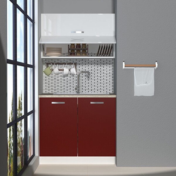 Decoraktiv Mini 90y MDF Hazır Mutfak Dolabı - Tezgah Dahil - Bordo Beyaz