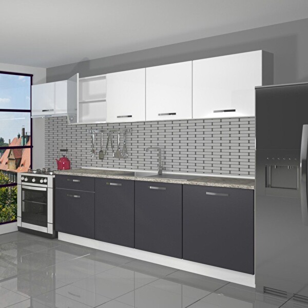 Decoraktiv Smart 280 MDF Hazır Mutfak Dolabı - Tezgah Dahil - Antrasit Beyaz
