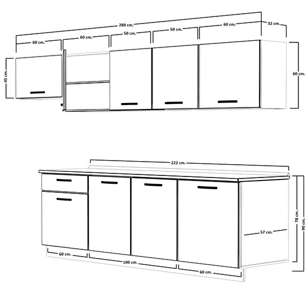Decoraktiv Smart 280 MDF Hazır Mutfak Dolabı - Tezgah Dahil - Antrasit Beyaz