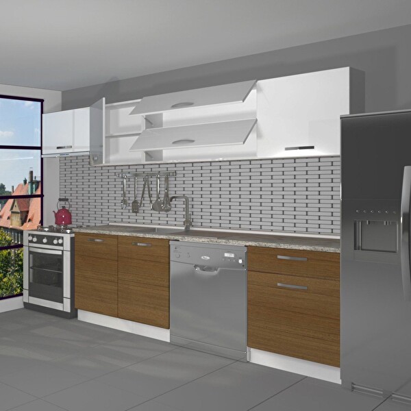 Decoraktiv Elite 280y MDF Hazır Mutfak Dolabı - Tezgah Dahil - Ceviz Beyaz