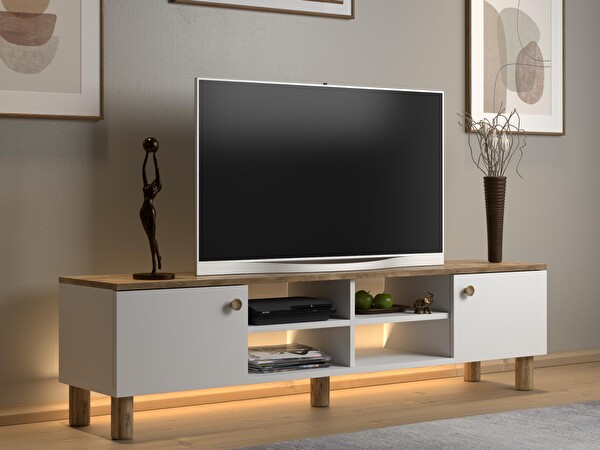 Wood'n Love Nora Bohem 150 CM 2 Kapaklı 4 Raflı Dolaplı Atlantik Çam- Beyaz Ledli TV Ünitesi