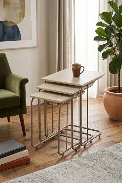 Sweet Home C Zigon Sehpa 3'lü Set MDF Tekerli Metal Ayak İç İçe Geçebilir Cappuccino