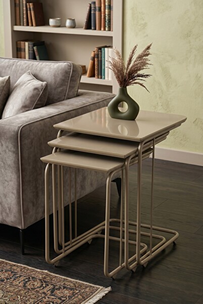 Sweet Home C Zigon Sehpa 3'lü Set MDF Tekerli Metal Ayak İç İçe Geçebilir Cappuccino