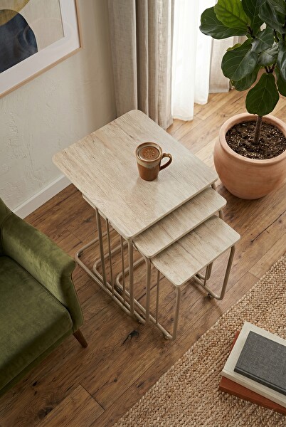 Sweet Home C Zigon Sehpa 3'lü Set MDF Tekerli Metal Ayak İç İçe Geçebilir Sidon