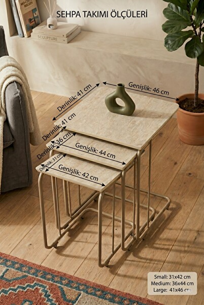 Sweet Home C Zigon Sehpa 3'lü Set MDF Tekerli Metal Ayak İç İçe Geçebilir Sidon