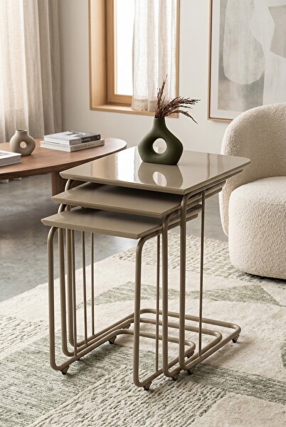 Sweet Home C Zigon Sehpa 3'lü Set MDF Tekerli Metal Ayak İç İçe Geçebilir Diş Budak