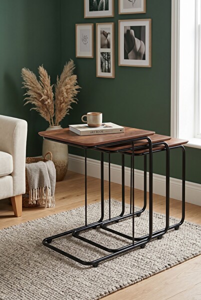 Sweet Home C Zigon Sehpa 3'lü Set MDF Tekerli Metal Ayak İç İçe Geçebilir Diş Budak