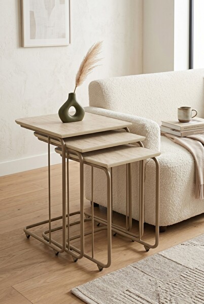 Sweet Home C Zigon Sehpa 3'lü Set MDF Tekerli Metal Ayak İç İçe Geçebilir Diş Budak