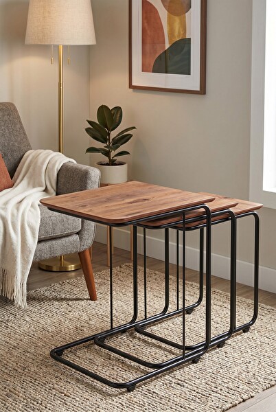 Sweet Home C Zigon Sehpa 3'lü Set MDF Tekerli Metal Ayak İç İçe Geçebilir Ceviz