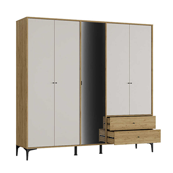 Adore Mobilya Madrid 5 Kapılı 2 Çekmeceli Aynalı Gardırop Florida Meşe - Vizon 207x201x51 CM