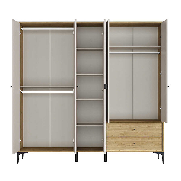 Adore Mobilya Madrid 5 Kapılı 2 Çekmeceli Aynalı Gardırop Florida Meşe - Vizon 207x201x51 CM