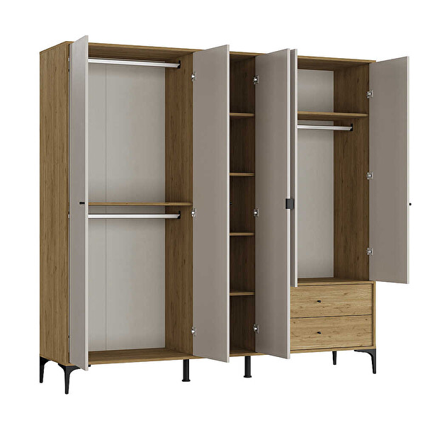 Adore Mobilya Madrid 5 Kapılı 2 Çekmeceli Aynalı Gardırop Florida Meşe - Vizon 207x201x51 CM