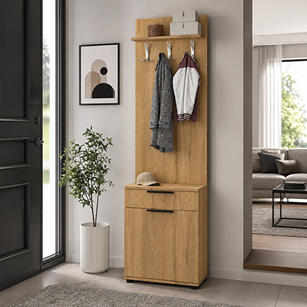 Adore Mobilya Porto Tek Kapılı Çekmeceli Portmanto ve Ayakkabı Dolabı Florida Meşe 52x187x36 CM