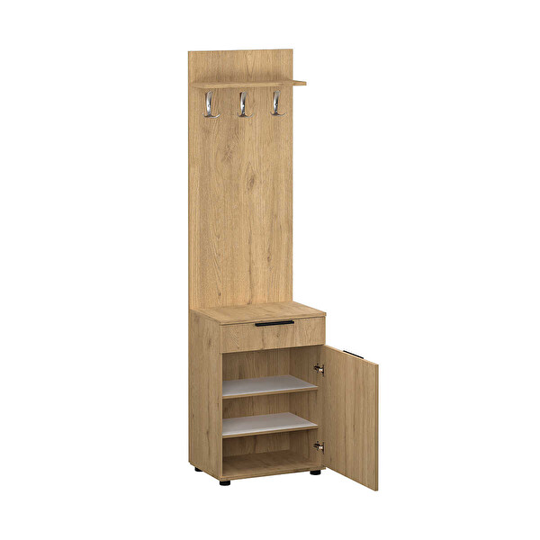 Adore Mobilya Porto Tek Kapılı Çekmeceli Portmanto ve Ayakkabı Dolabı Florida Meşe 52x187x36 CM
