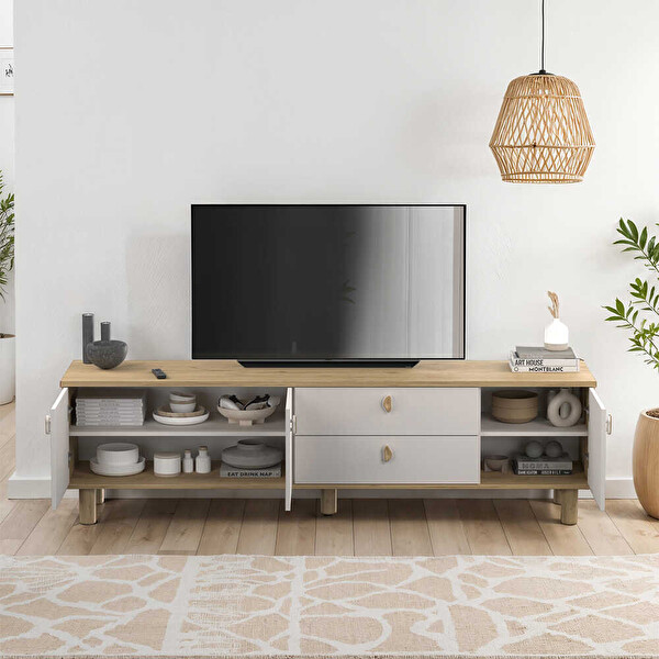 Adore Mobilya Bohem 3 Kapaklı 2 Çekmeceli Tv Ünitesi Florida Meşe-Vizon 207x58x45 CM
