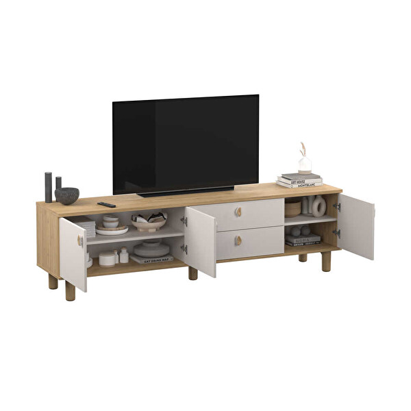 Adore Mobilya Bohem 3 Kapaklı 2 Çekmeceli Tv Ünitesi Florida Meşe-Vizon 207x58x45 CM