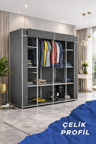 Reyo Teknor Metal Çift Askılı 155x160x45 CM Geniş Hacimli Portatif Bez Dolap Gri
