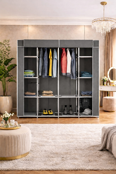 Reyo Teknor Metal Çift Askılı 155x160x45 CM Geniş Hacimli Portatif Bez Dolap Gri